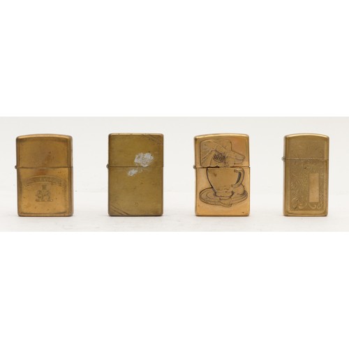 95 - Four brass Zippo lighters, applied tea motif, Old Holborn and two others ($0