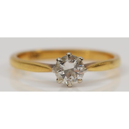 An 18ct gold and old cut brilliant diamond single stone ring, approximately 0.50cts, estimate G/H, VS1/2, N, 2.4gm