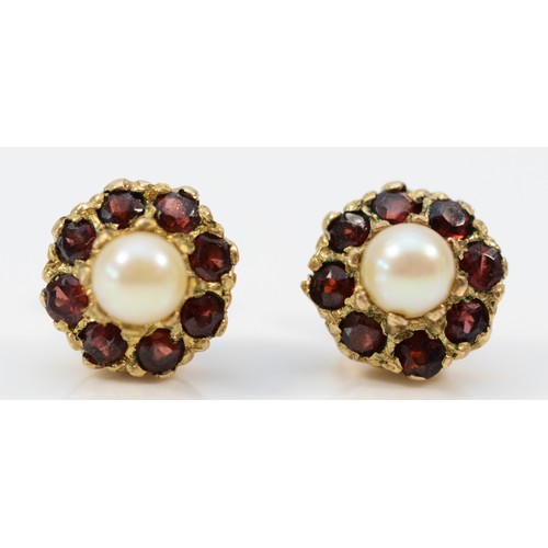 546 - A pair of 9ct gold cultured pearl and garnet cluster earrings with scroll backs, 9mm diameter, 2.6g