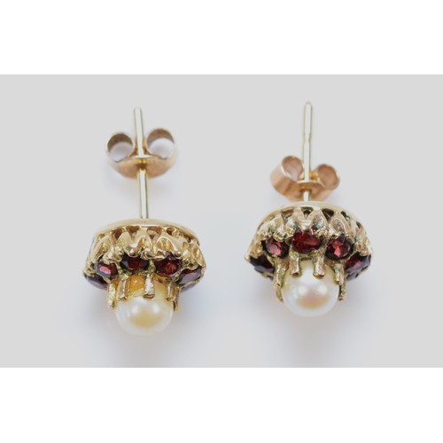 546 - A pair of 9ct gold cultured pearl and garnet cluster earrings with scroll backs, 9mm diameter, 2.6g