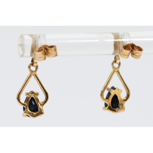 552 - A 9ct gold pear cut sapphire drop earrings, 15mm total drop, 1g