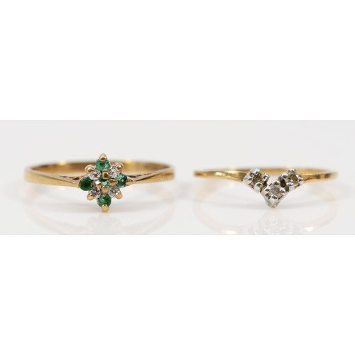 556 - Two 9ct gold diamond, emerald and cubic zirconia rings, M 1/2, I, 1.9g