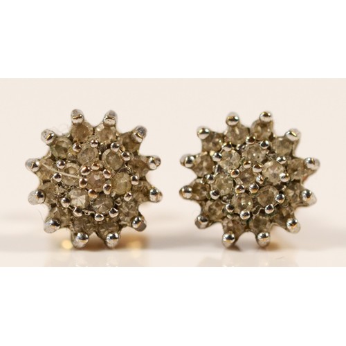 566 - A pair of 9ct gold diamond cluster earrings with scroll backs, 6mm, 1.4g