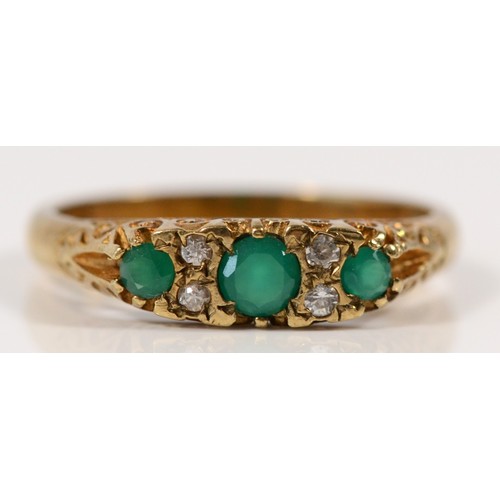 572 - A 9ct gold chrysoprase and cubic zirconia ring with scroll pattern gallery, P, 2.8g