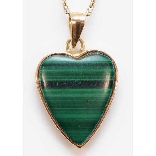 574 - A 14K gold malachite heart shaped pendant with a 9ct gold chain, 16mm pendant, 3.2g