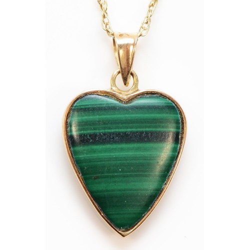 574 - A 14K gold malachite heart shaped pendant with a 9ct gold chain, 16mm pendant, 3.2g