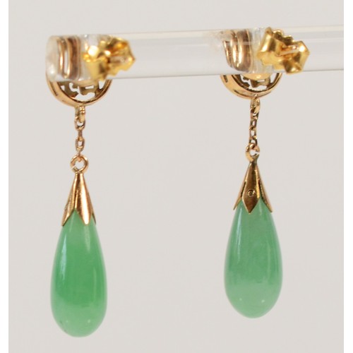 594 - A pair of 9ct gold jade drop earrings with Chinese symbols to the top, 30mm total drop, 3.6g