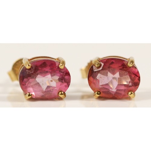 595 - A pair of 9ct gold coated pink topaz earrings with scroll backs, 8mm, 2.2g