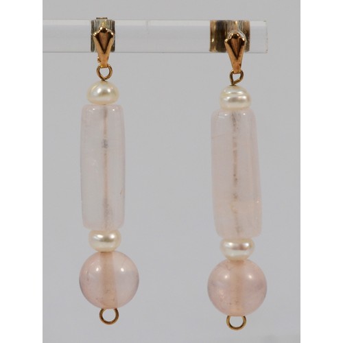 600 - A pair of 9ct gold rose quartz and cultured pearl drop earrings, 40mm total drop, 7g