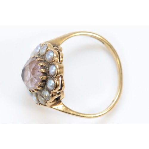 602 - A 9ct gold vintage amethyst and seed pearl dress ring, L, 2.9g