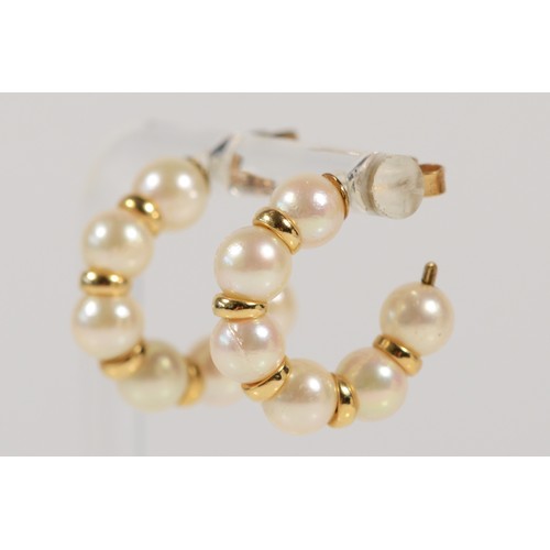 604 - A pair of 9ct gold cultured pearl C hoop earrings with scroll backs, 20mm diameter, 4.8g