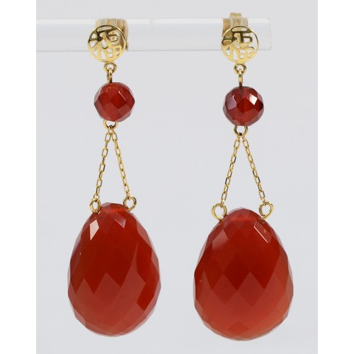 605 - A pair of 9ct gold faceted carnelian drop earrings, 45mm total drop, 9.5g