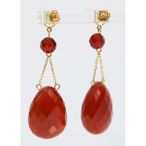 605 - A pair of 9ct gold faceted carnelian drop earrings, 45mm total drop, 9.5g