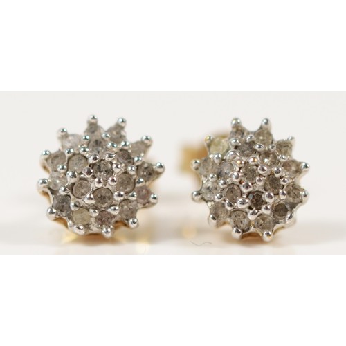 608 - A pair of 9ct gold diamond cluster earrings with scroll backs, 6mm, 1.1g