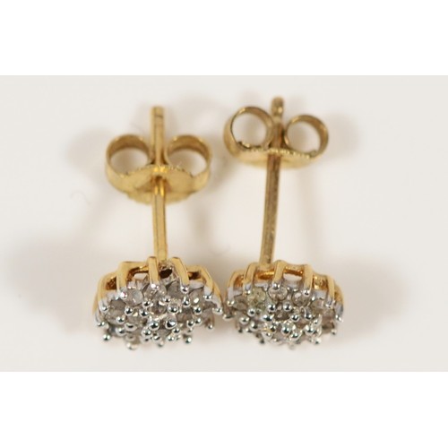 608 - A pair of 9ct gold diamond cluster earrings with scroll backs, 6mm, 1.1g