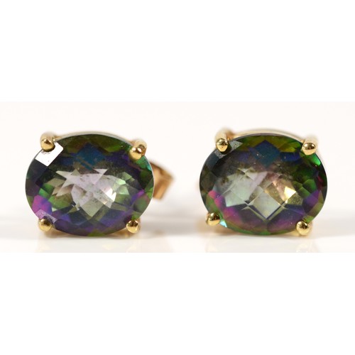 609 - A pair of 9ct gold mystic topaz earrings with scroll backs, 10mm, 3g