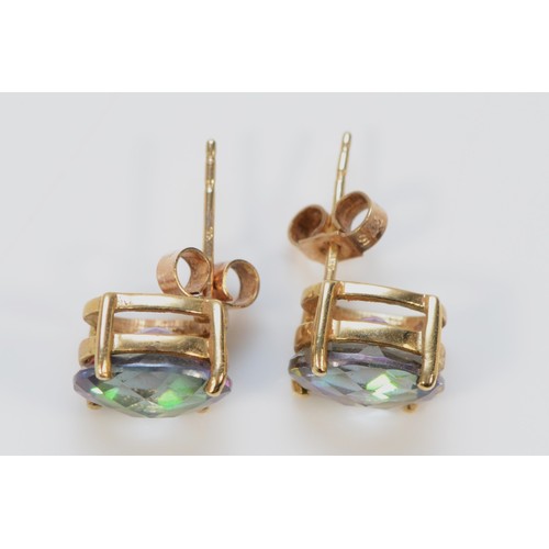 609 - A pair of 9ct gold mystic topaz earrings with scroll backs, 10mm, 3g