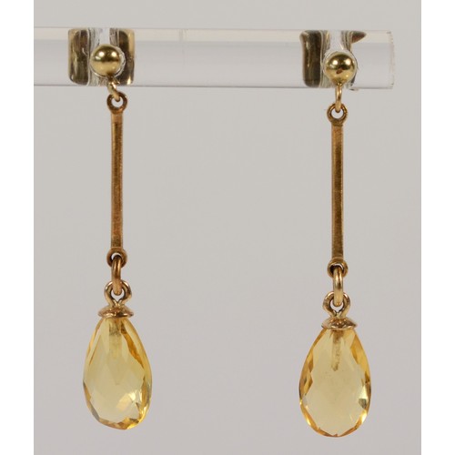 613 - A pair of 9ct gold citrine drop earrings with scroll backs, 30mm total drop, 1.6g