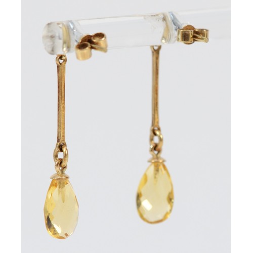 613 - A pair of 9ct gold citrine drop earrings with scroll backs, 30mm total drop, 1.6g