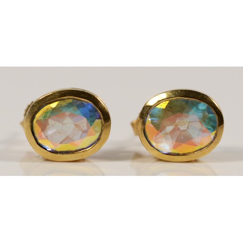 614 - A pair of 9ct gold mystic topaz earrings with scroll backs, 10mm, 3.1g