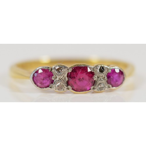 617 - An 18ct gold and platinum vintage diamond and pink gemstone dress ring, P 1/2, 2.3g