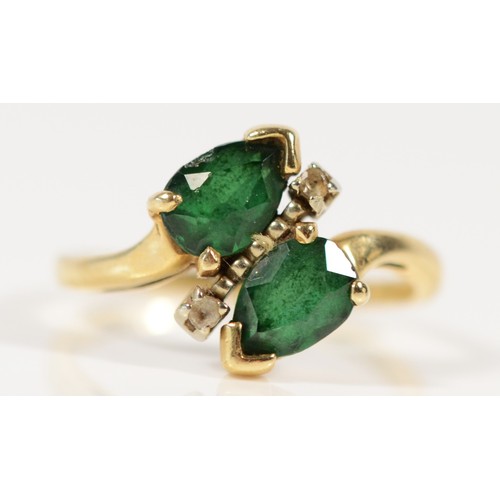 618 - A 14K gold pear cut green and white gemstone dress ring, L 1/2, 3.1g