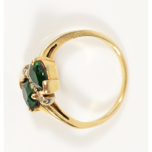 618 - A 14K gold pear cut green and white gemstone dress ring, L 1/2, 3.1g