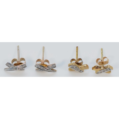 621 - Two pairs of 9ct gold diamond and cubic zirconia earrings with scroll backs, 1.5g