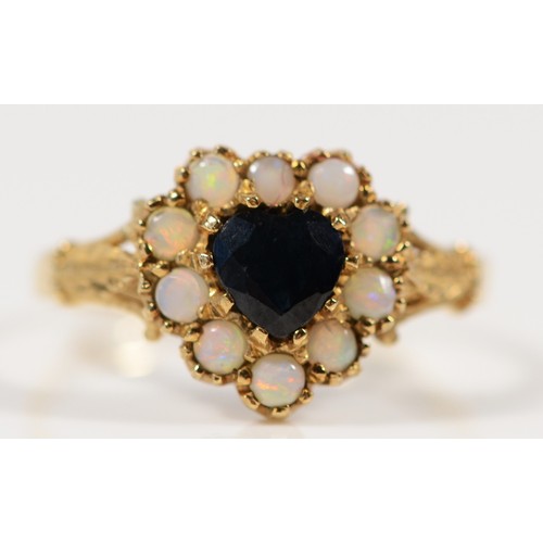 624 - A 9ct gold vintage sapphire and opal heart shaped ring, N 1/2, 1.9g