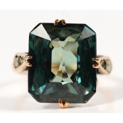 628 - A 9ct gold green gemstone and marcasite dress ring, K, 5.2g