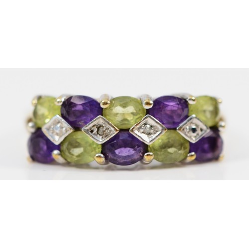 629 - A 9ct gold peridot, amethyst and diamond ring, O, 2.4g