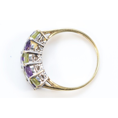 629 - A 9ct gold peridot, amethyst and diamond ring, O, 2.4g