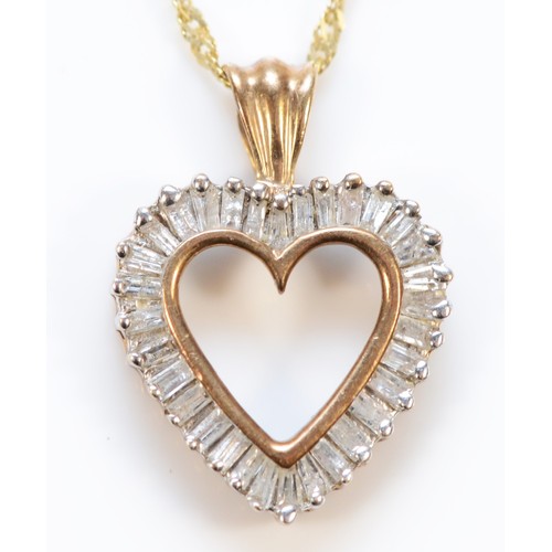 650 - A 9ct gold diamond heart shaped pendant with chain, 15mm drop, 2.3g