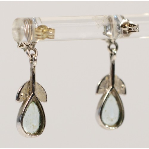 655 - A pair of 9ct white gold vintage style blue topaz and diamond drop earrings, 23mm drop, 2.7g