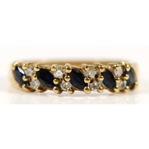 668 - A 9ct gold sapphire and diamond half eternity ring, J, 1.8g