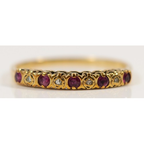 677 - A 9ct gold ruby and diamond half eternity ring, P, 1.5g