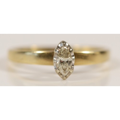 678 - A 9ct gold marquise cut diamond solitaire ring, J 1/2, 1.3g