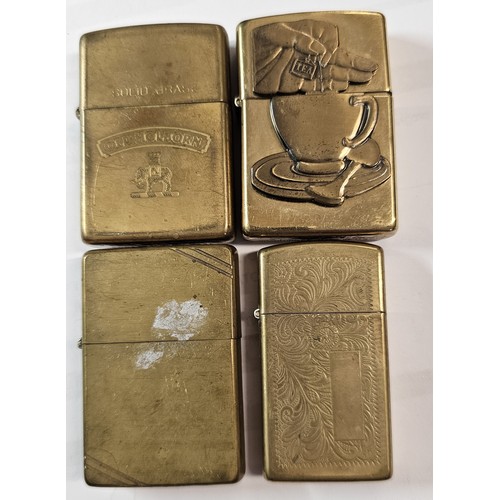 95 - Four brass Zippo lighters, applied tea motif, Old Holborn and two others ($0