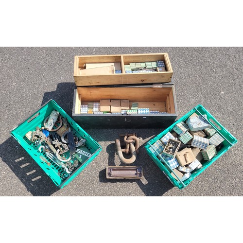 47 - A large wooden toolbox, also two boxes containing consumables to include woodscrews, wall fixings, v... 