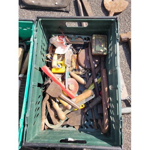 48 - Two boxes containing a selection of builders hand tools to include a slate ripper.