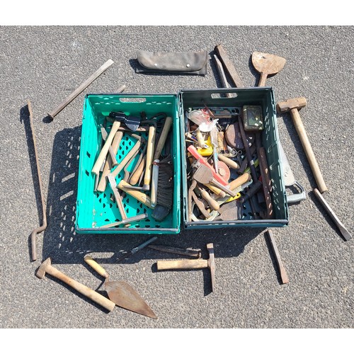 48 - Two boxes containing a selection of builders hand tools to include a slate ripper.