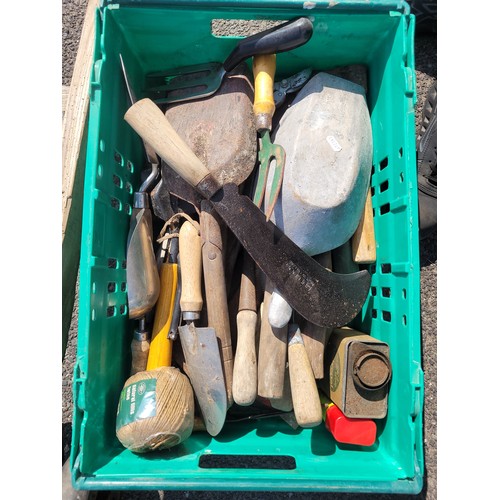 49 - Two boxes containing a collection of hand tools, also a collection of gardening tools to include a s... 