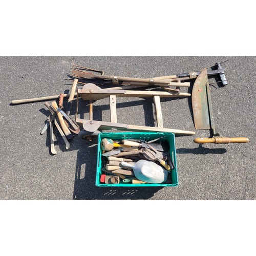 49 - Two boxes containing a collection of hand tools, also a collection of gardening tools to include a s... 