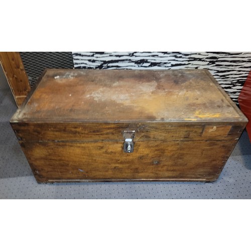 100 - A large wooden tool box, containing an assortment of wares,  including a boxwood ruler.