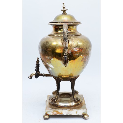 1107 - A 20th century electroplated tea urn, by Walker and Hall, with engraved floral decoration, leaf capp... 