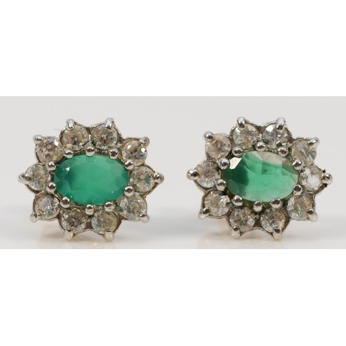 1193 - A pair of unmarked gold green and white stone cluster ear studs, 11 x 9mm, 1.4gm