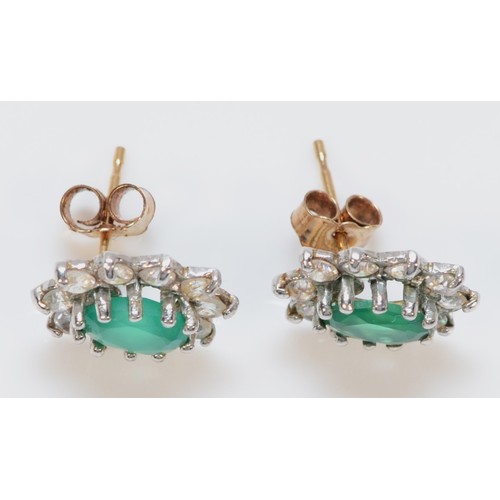 1193 - A pair of unmarked gold green and white stone cluster ear studs, 11 x 9mm, 1.4gm