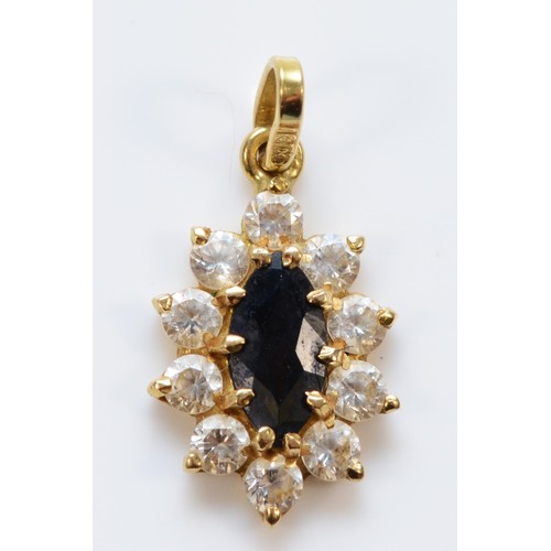 1319 - An 18ct gold sapphire and white stone cluster pendant, 19mm overall, 1.5gm