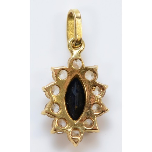 1319 - An 18ct gold sapphire and white stone cluster pendant, 19mm overall, 1.5gm