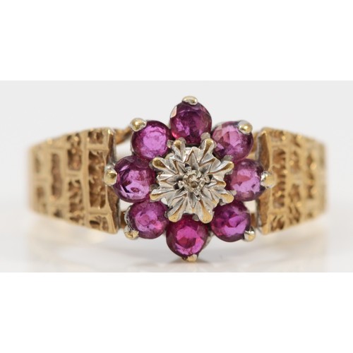 1210 - A 9ct gold ruby and diamond cluster ring, Q, 3.3gm,